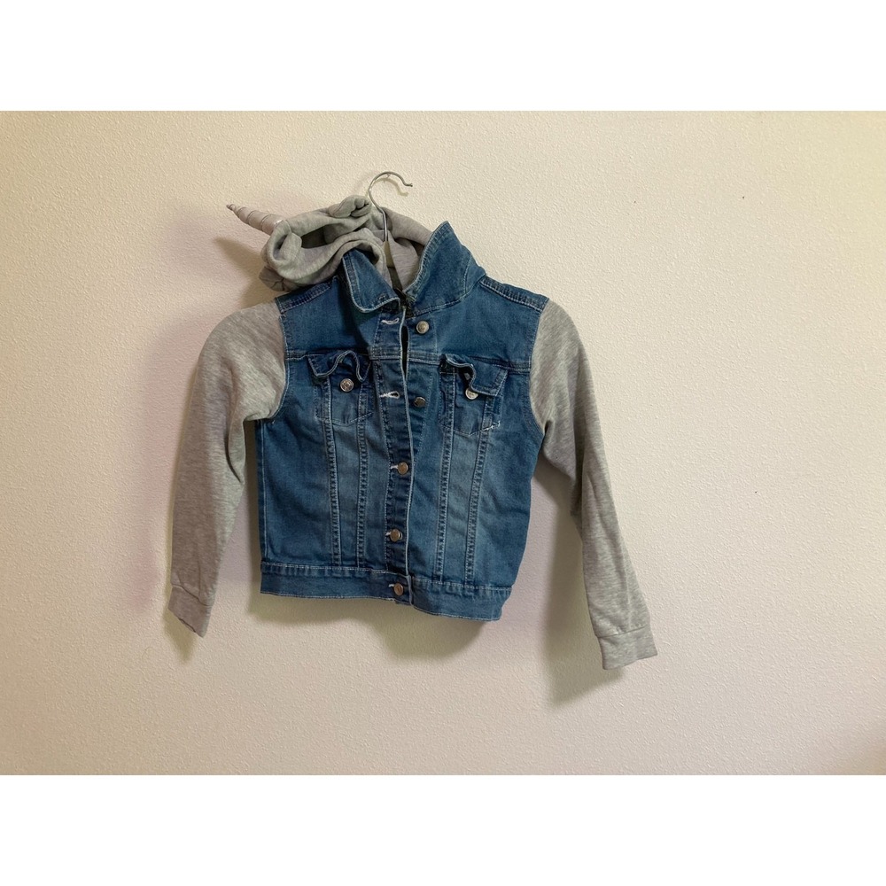 Wallflower Girls Jean‎ Jacket Gray Sleeves Unicorn Hoodie Size S (7/8) Hooded